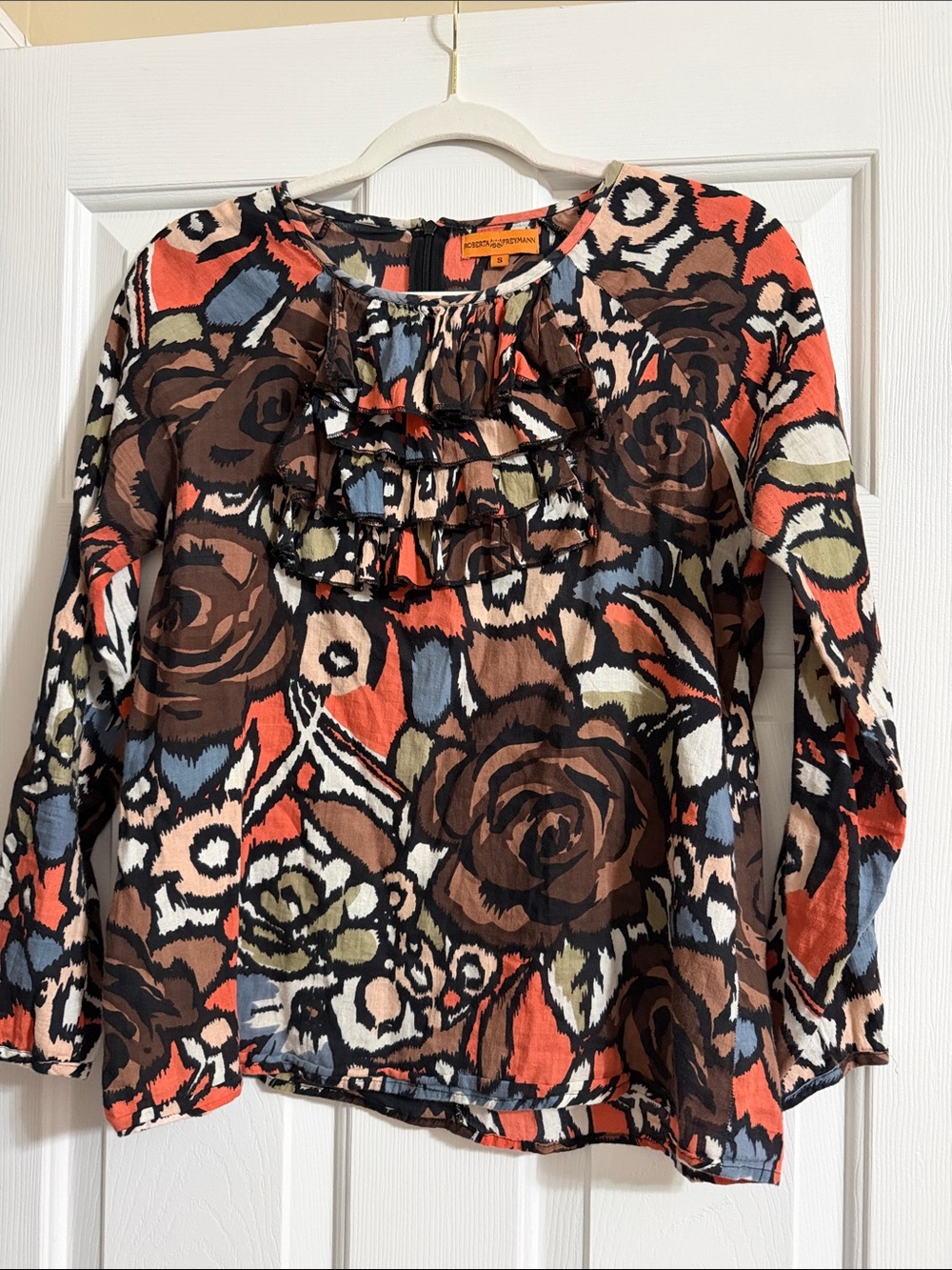 Roberta Freymann Colorful Floral Ruffle Long Sleeve Blouse Size Small